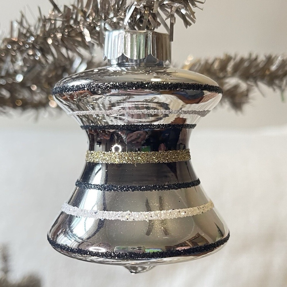 Radko‎ Shiny Brite Glitter Striped Ornament Lantern UFO Black Gold Halloween Mcm